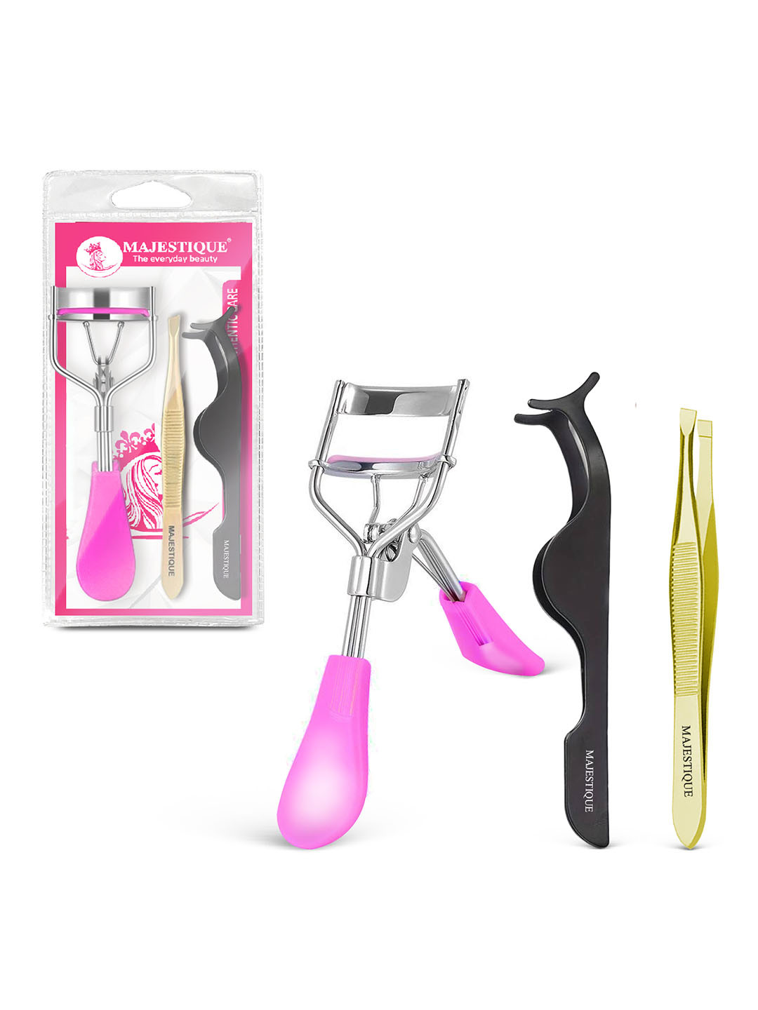 MAJESTIQUE Set Of 3 Eyelash Extension Kit Eyelashes Curler Tweezer Eyelashes