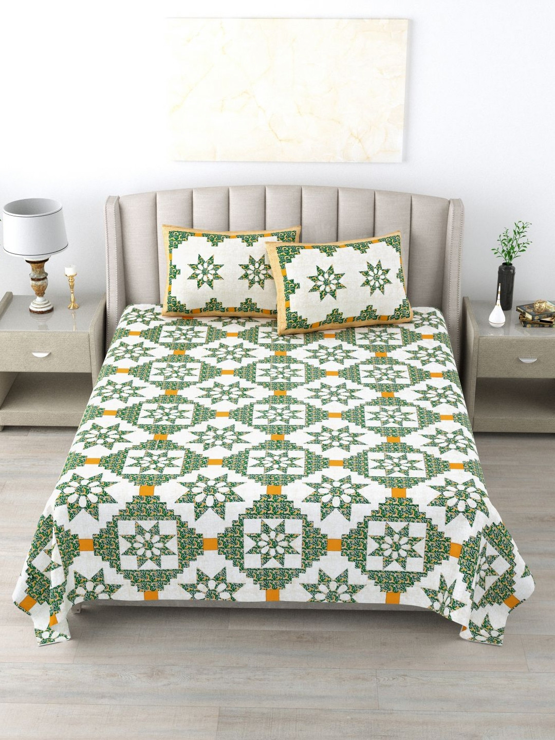 Wayne Martin Green Graphic Pure Cotton 300 TC Double Fine Bedsheet with 2 Pillow Covers-87 x 93 inches