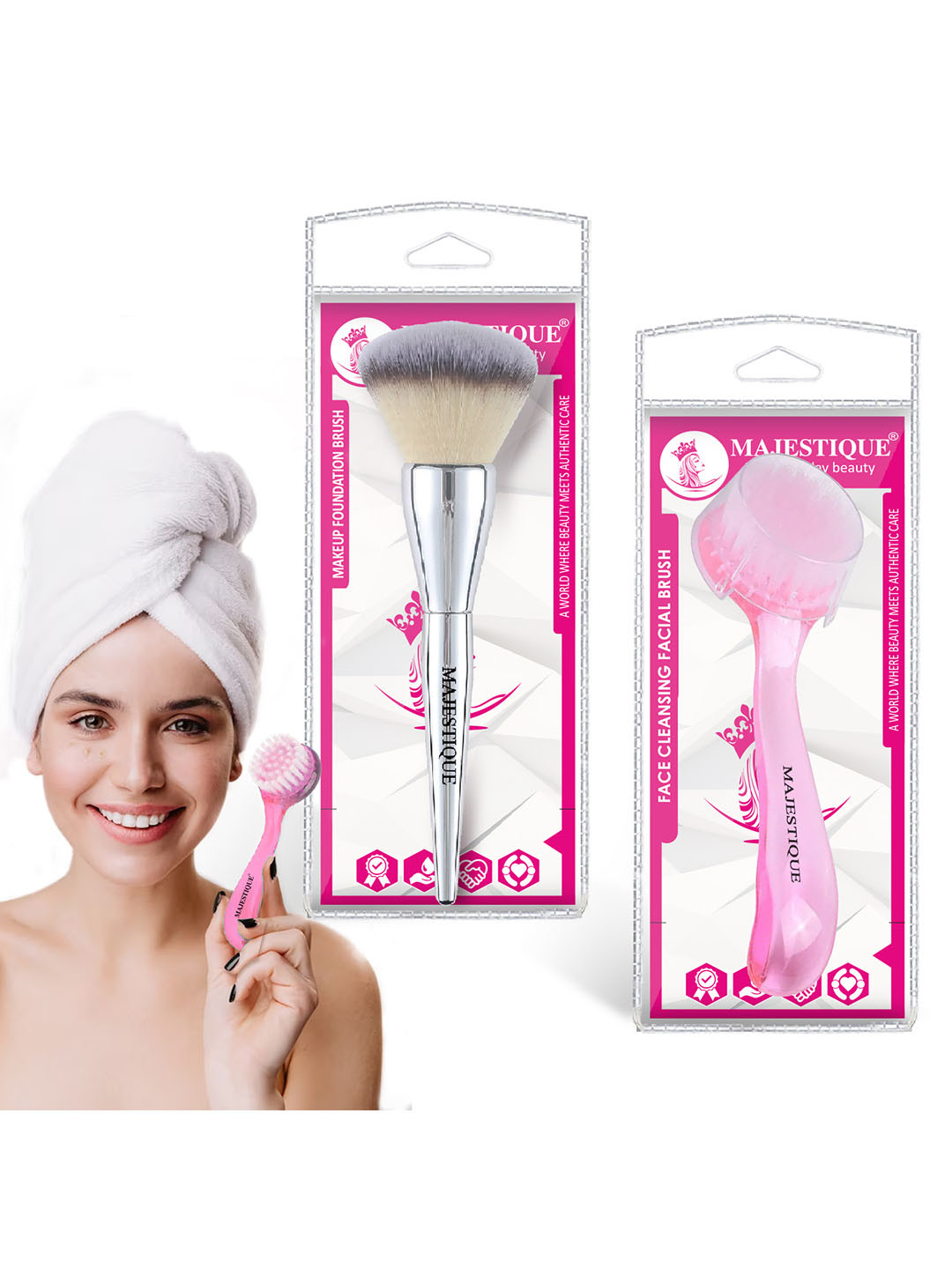 MAJESTIQUE Combo Of Foundation Powder Brush & Facial Cleansing Brush