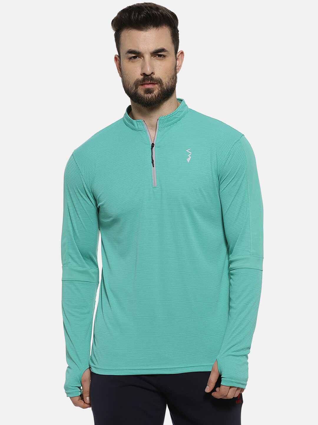 Campus Sutra Men Green Striped Mandarin Collar Anti-Viral T-shirt