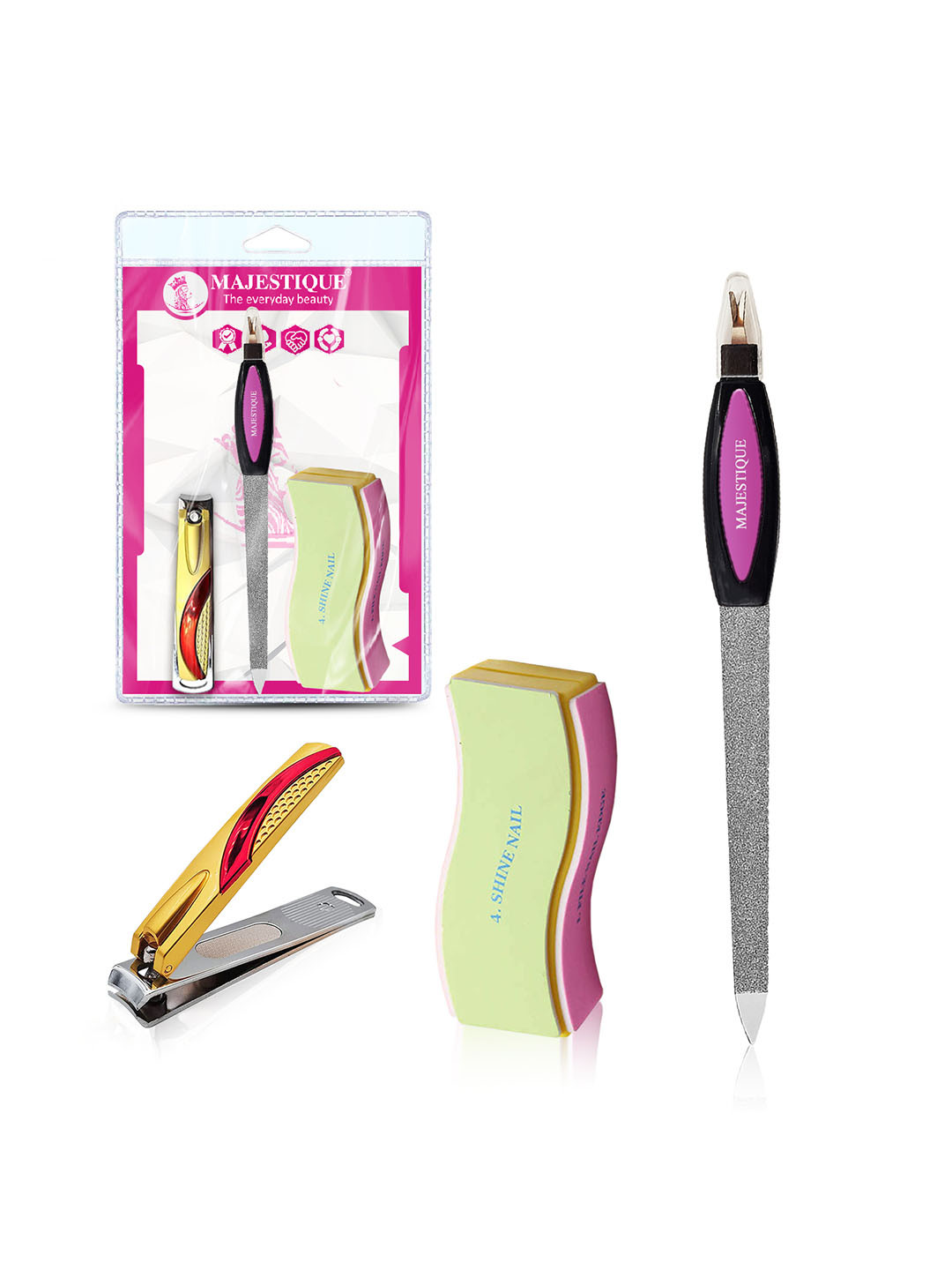 MAJESTIQUE 4 Way Finger Buffer, Nail Cutter and Nail File
