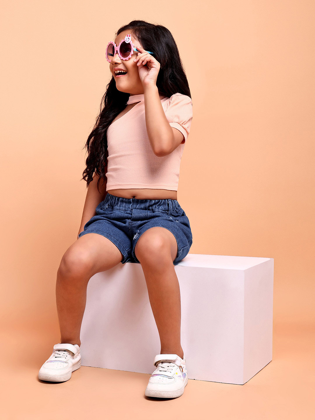 YK Girls One Shoulder Ribbed Pure Cotton Top With Denim Shorts