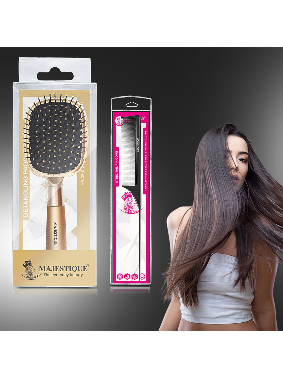 MAJESTIQUE Set of Paddle Hair Brush - Gold & Detangle Tail Comb - Black