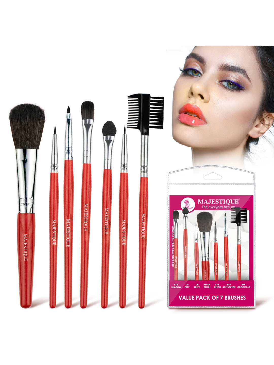 MAJESTIQUE Red Pack of 7 Beautifier Make-up Brushes