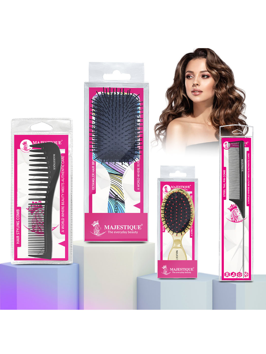 MAJESTIQUE Set Of 4 Paddle Detangling Hairbrush Mini Brush Wide-Tooth & Tail Comb