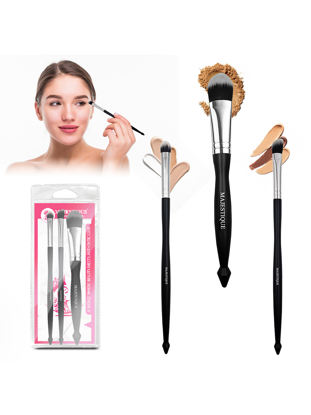 MAJESTIQUE Black Pack of 3 Make-Up Brushes
