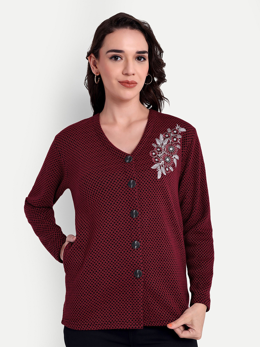 HAUTEMODA Women Floral Woollen Cardigan