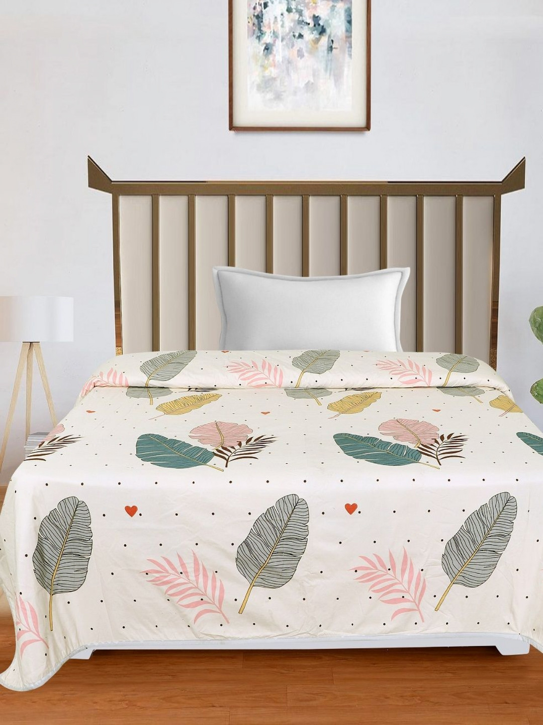 RD TREND Cream-Coloured & Green Floral Printed Microfiber AC Room 150 GSM Single Bed Dohar