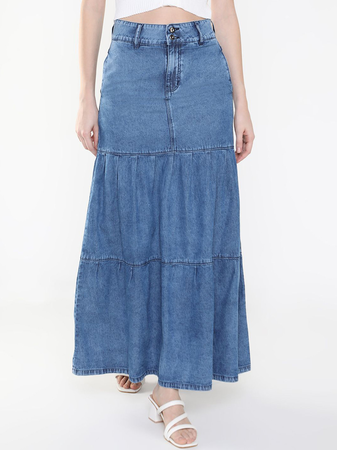 SHOWOFF Tiered Maxi Denim Skirt
