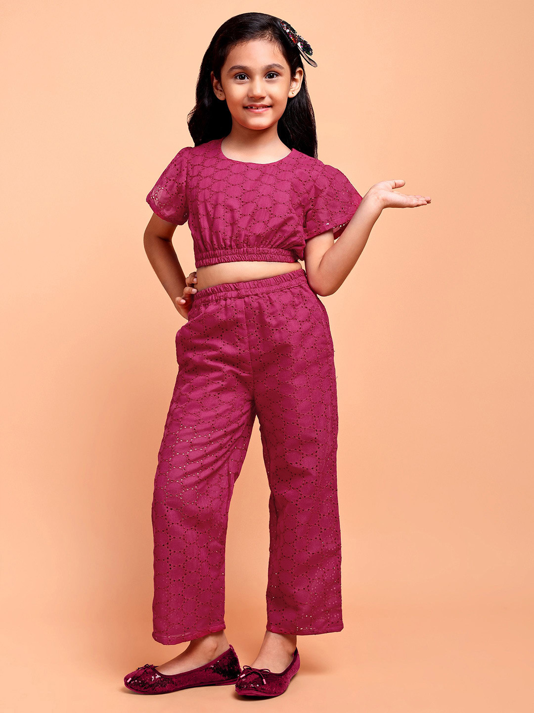 YK Girls Schiffli Pure Cotton Crop Top With Trousers