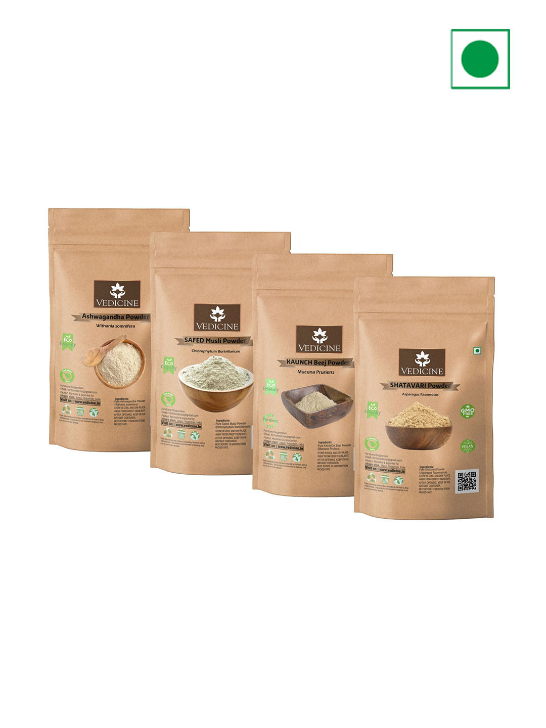 VEDICINE Set of 4 Powder 100 g each - Ashwagandha + Shatavari + Safed Musli + Kaunch Beej