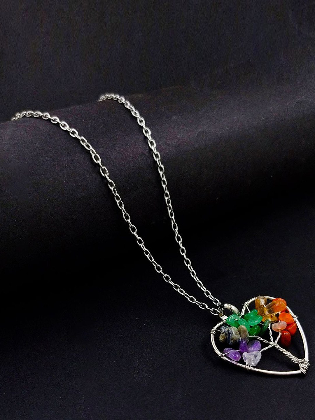 Saizen Stainless Steel Silver Plated Stone 7 Chakra Tree of life Pendant With Chain