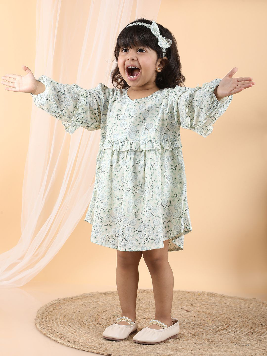Polka Tots Floral Printed Puff Sleeve A-Line Dress