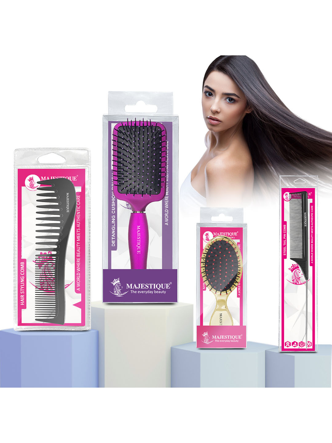 MAJESTIQUE Set of 4 Paddle Detangling Hair Brushes with Wide-Tooth & Tail Comb Bristles