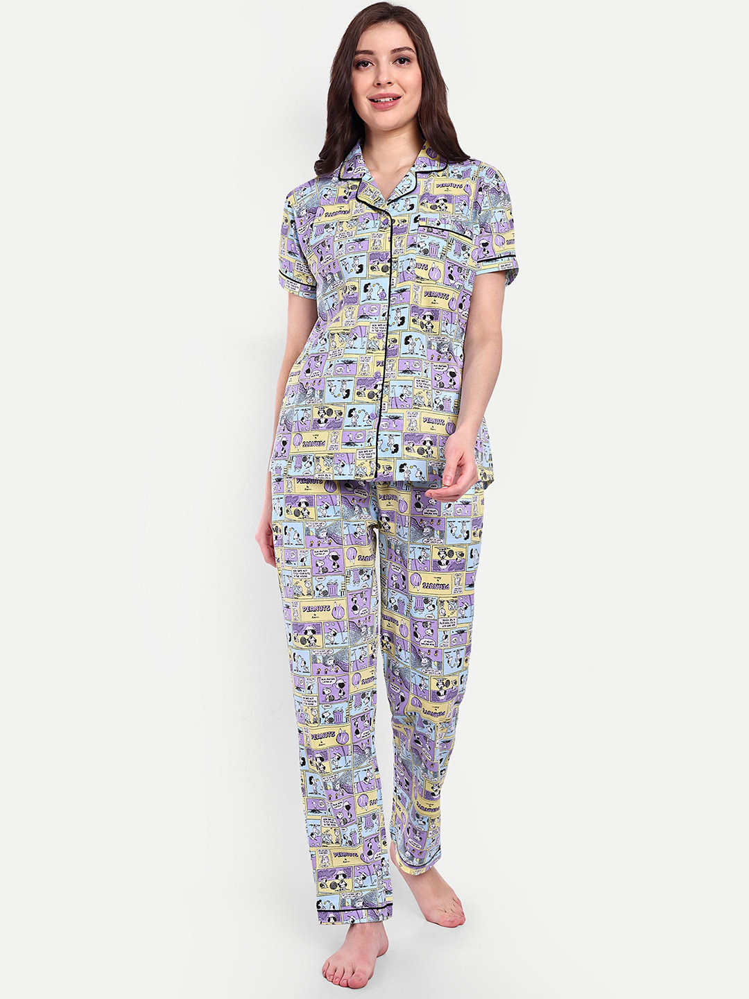 Bedtime story Women Cartoon Characters Printed Lapel Collar Pure Cotton Night suit