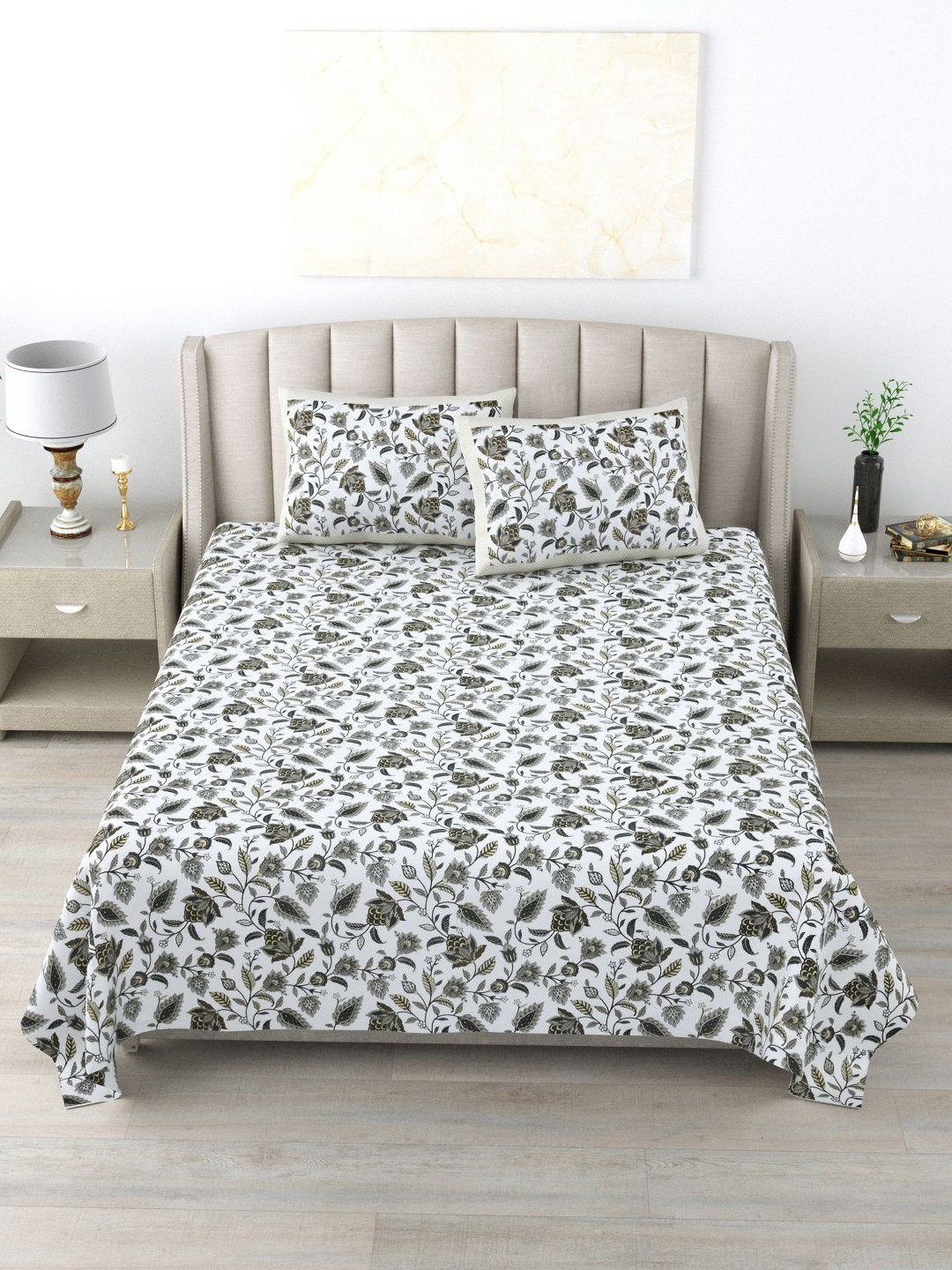 Wayne Martin Lime Green Floral Cotton 300 TC King Fine Bedsheet with 2 Pillow Covers-108 x 108 inches