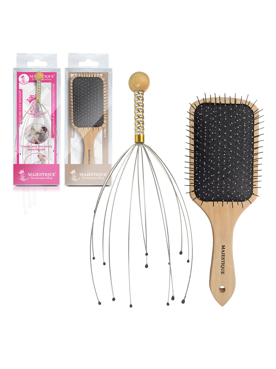 MAJESTIQUE Wooden Hair Brush And Head Masaager
