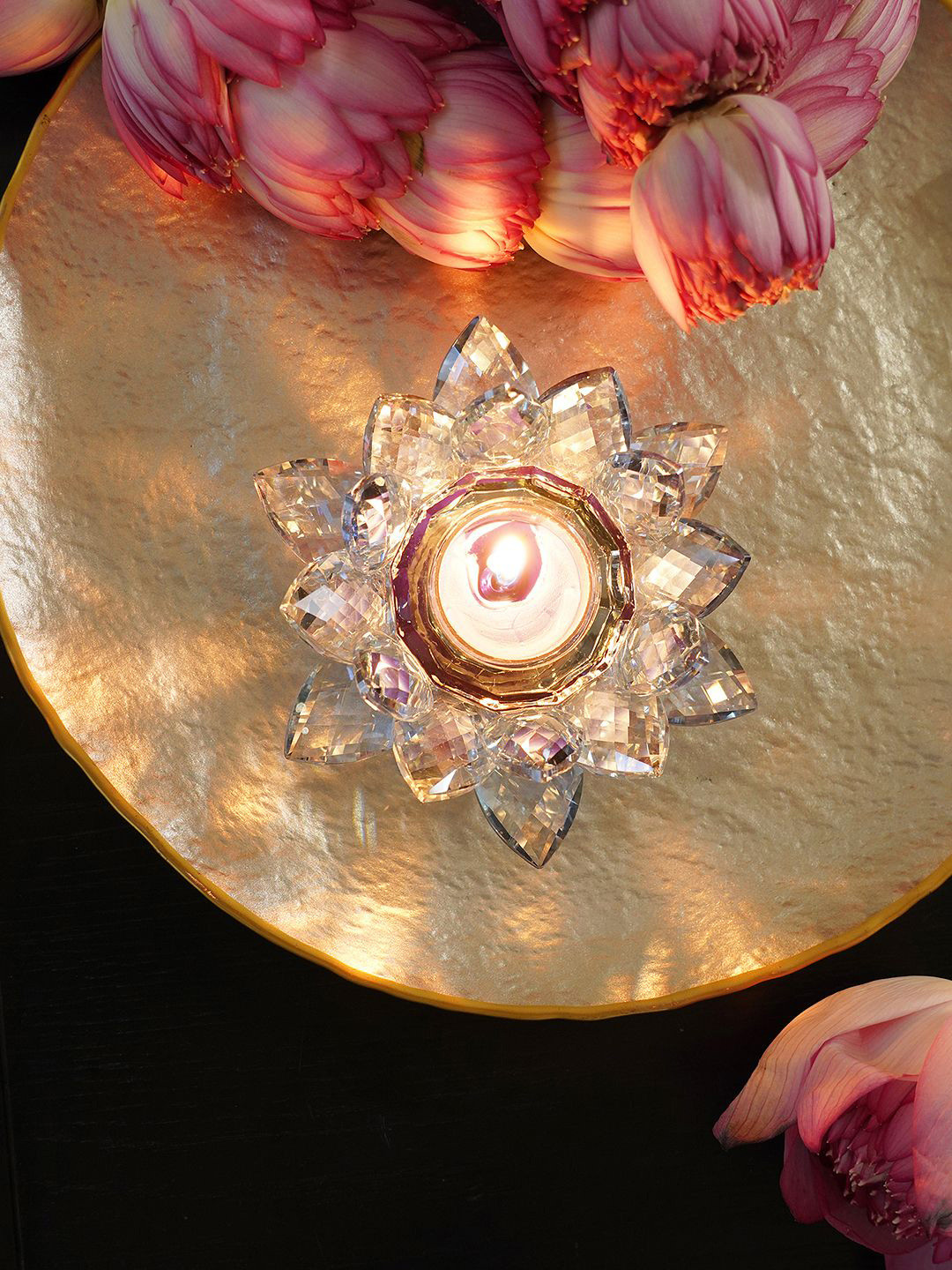 Pure Home and Living Blue Textured Lotus Shaped Crystal Candle Holder
