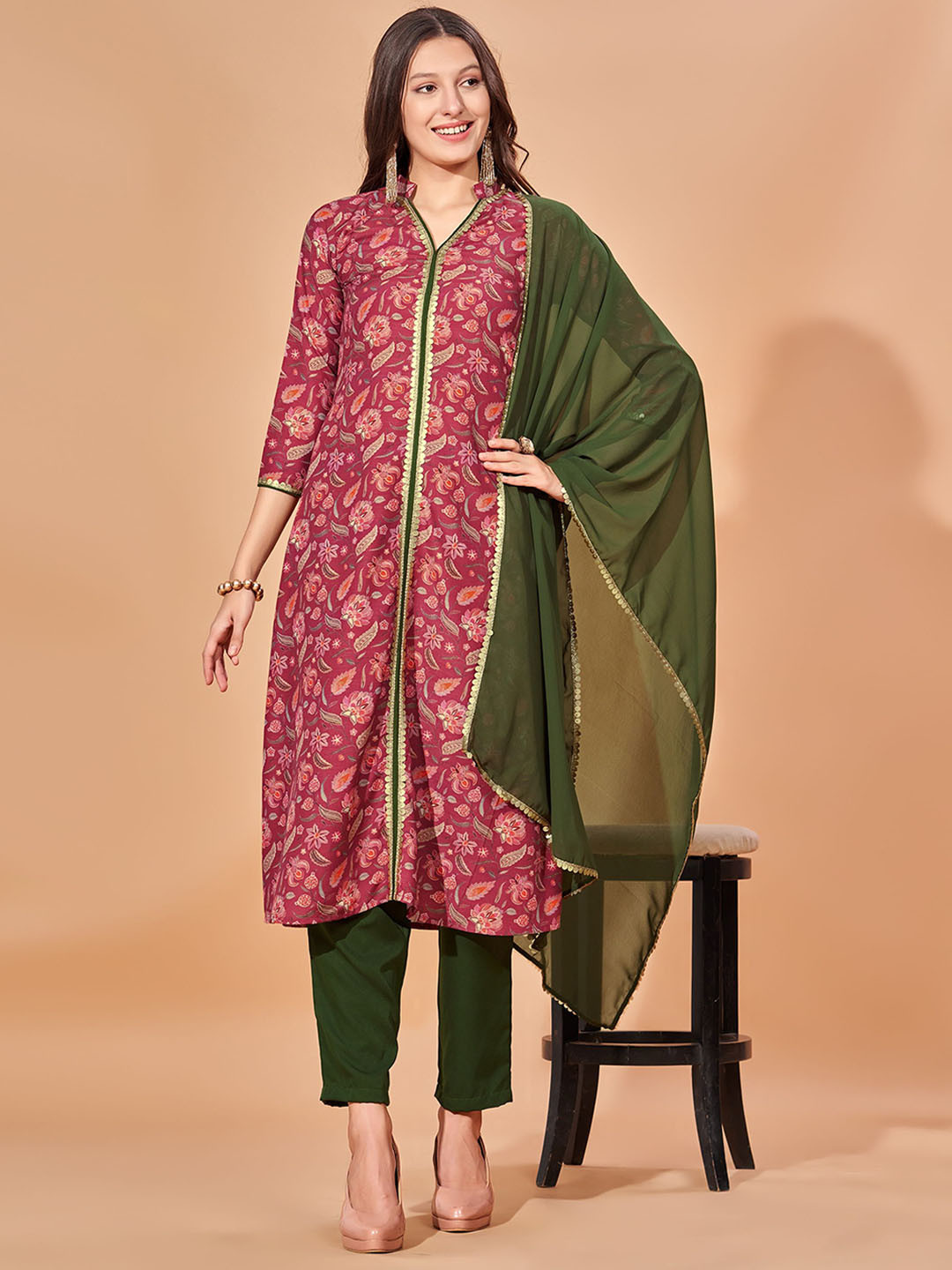 FAB GALAXY Floral Printed Embroidered Lace Kurta with Trousers & Dupatta