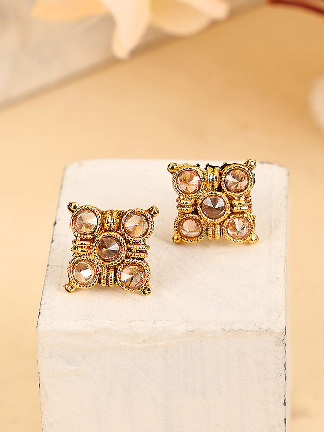 Anouk Gold Plated Square Cubic Zirconia Studded Earrings