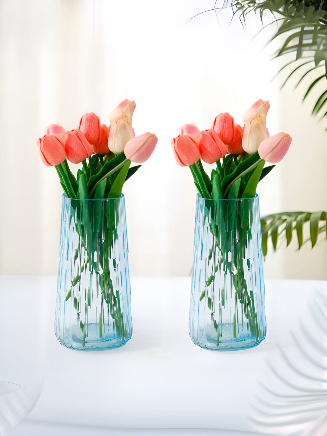 UMAI Blue & Transparent 2 Pieces Glass Textured  Vases