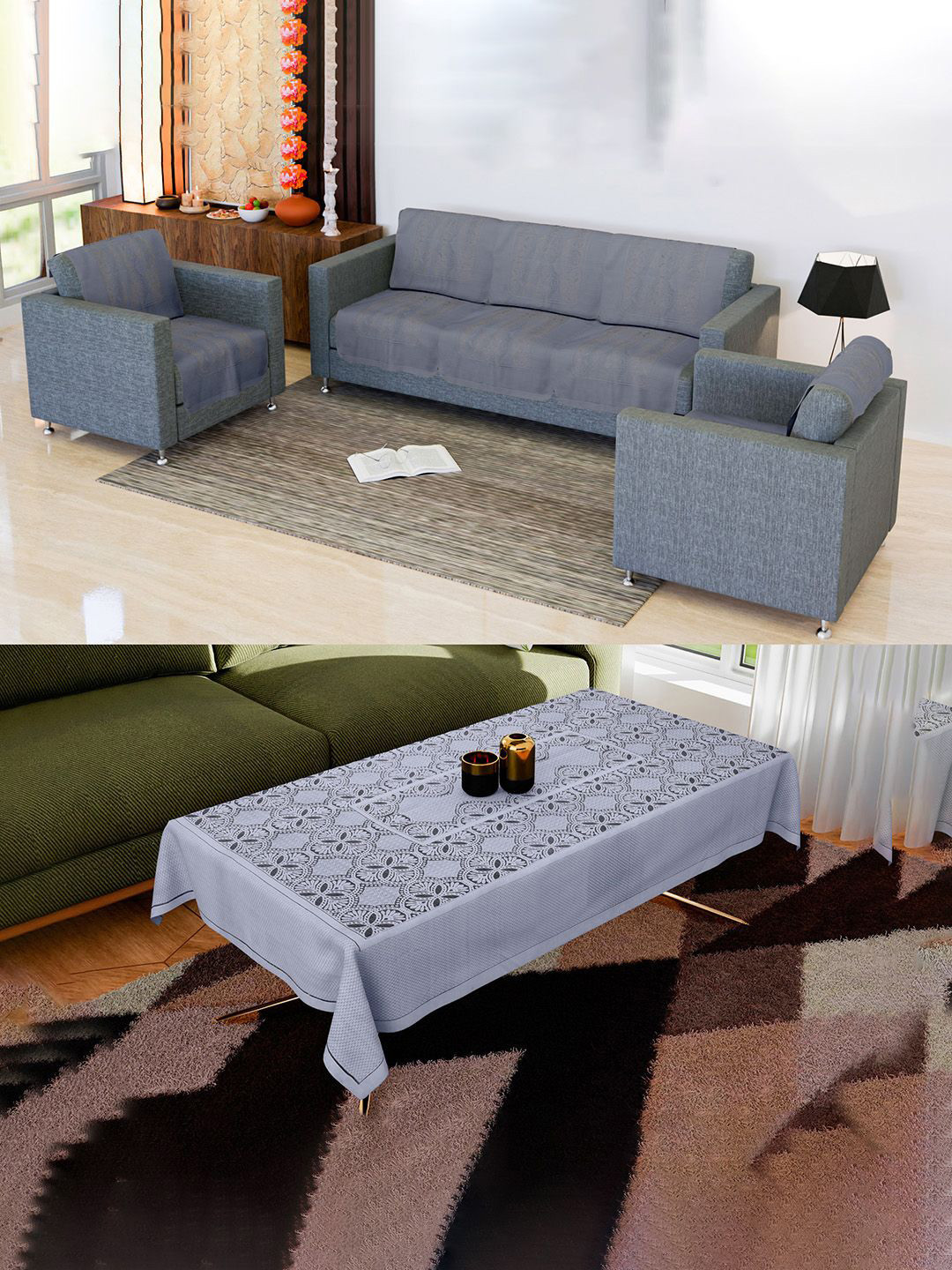 Kuber Industries Grey 11 Pieces Printed Cotton Sofa Cover With Center Table Cover
