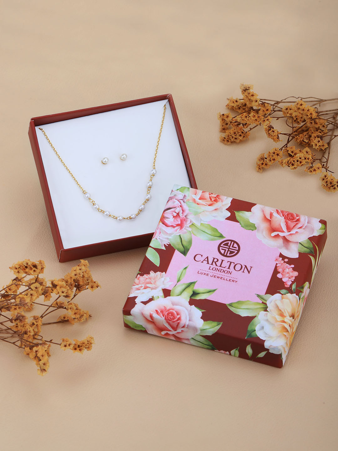Carlton London 18kt Gold Plated Pearl Necklace & Earring Set