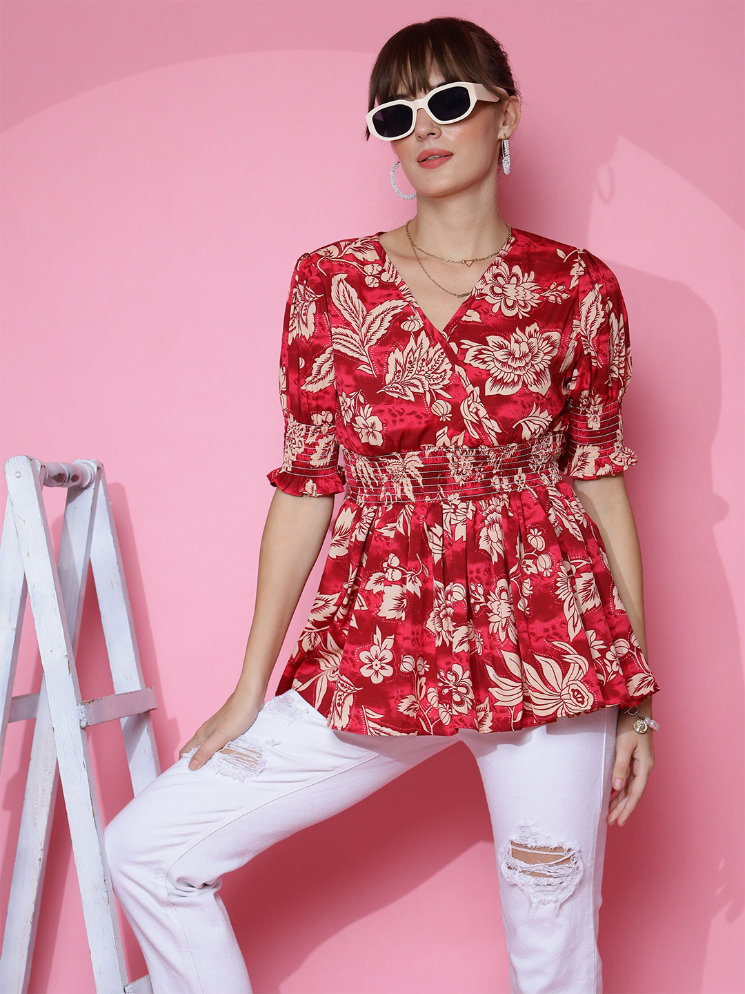SHEETAL Associates Floral Print Puff Sleeve Crepe Top