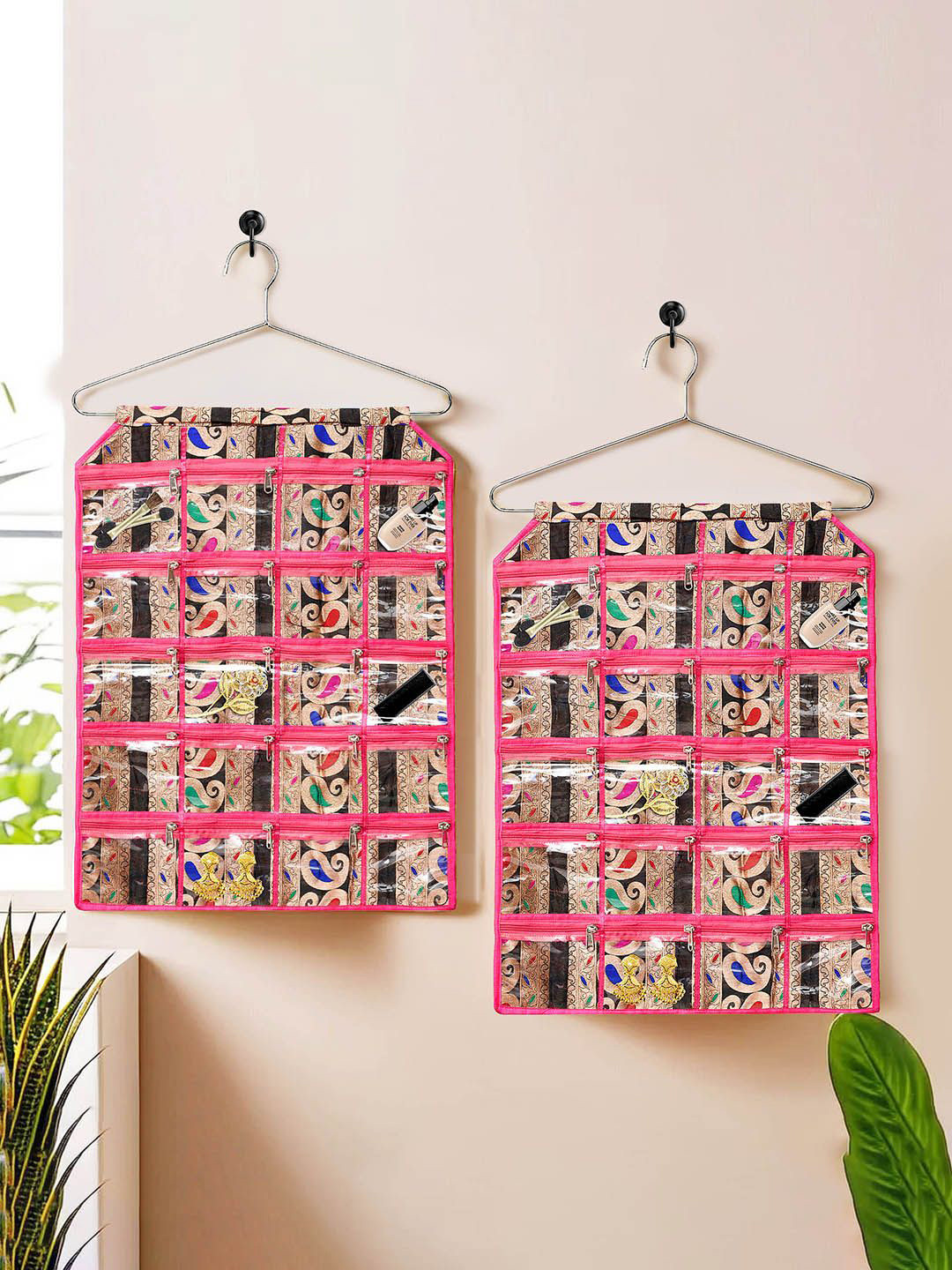 Kuber Industries Pink & Black 2 Pieces Self Design Multi Utility Hanging Organisers