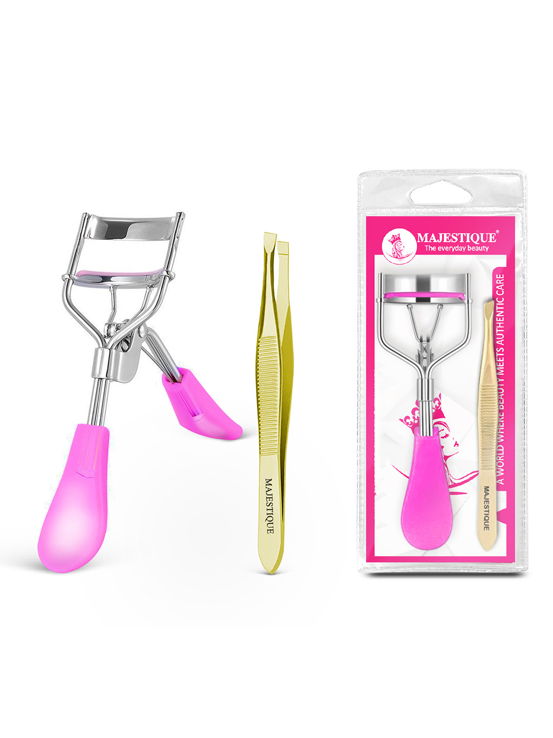 MAJESTIQUE Pack Of 2 Eye Lash Curler With Wide Straight Tip Tweezer