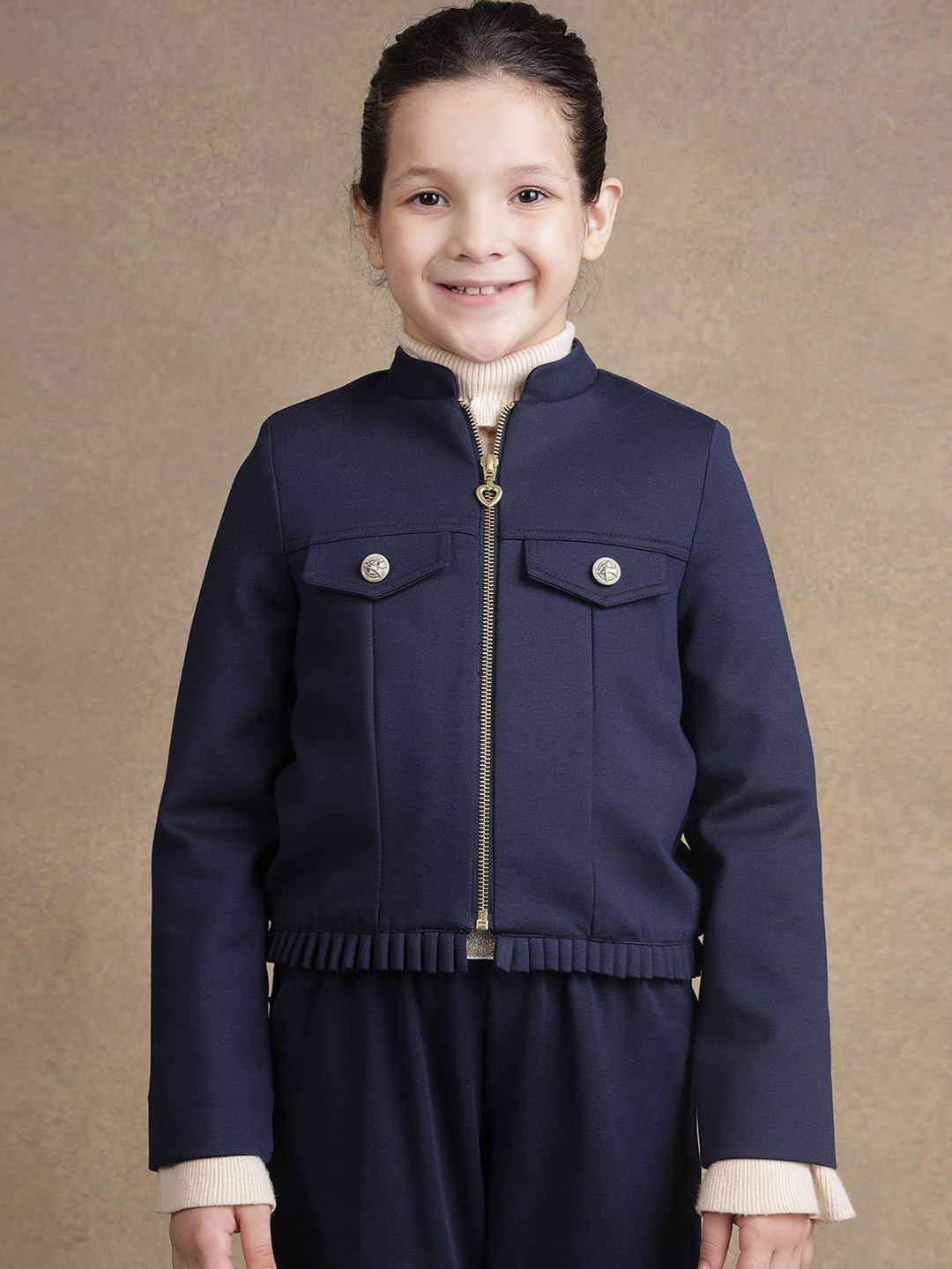 One Friday Girls Navy Blue Solid Open Front Jacket