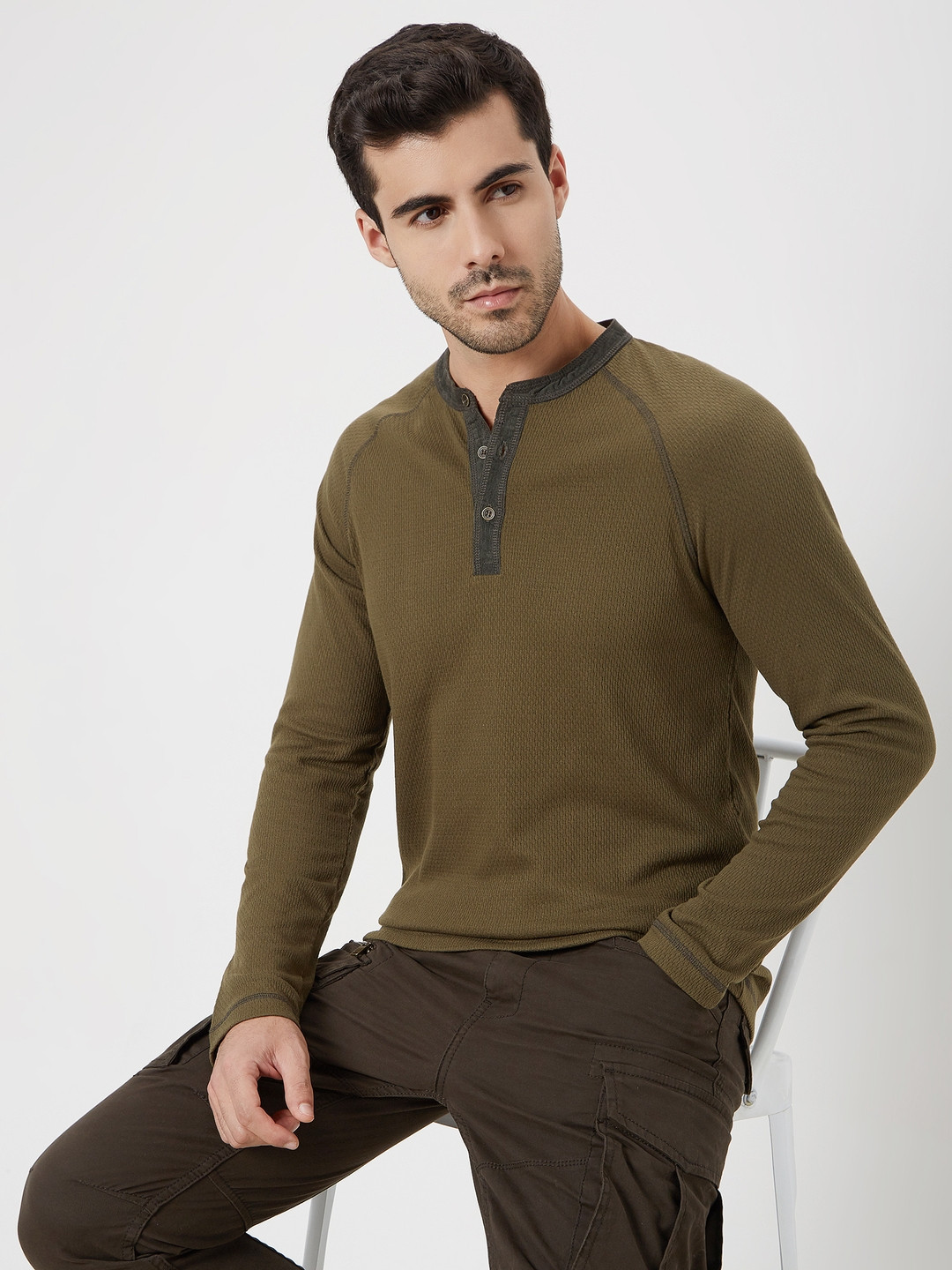 Mufti Henley Neck Slim Fit Raglan Sleeve Cotton Casual T-Shirt
