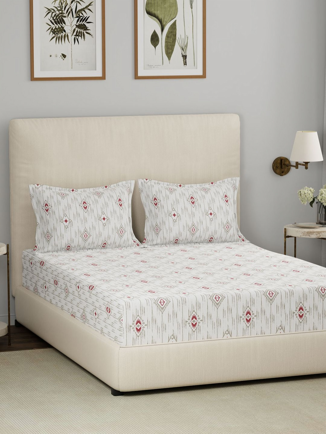 MASPAR Eclectic Garden Red Ethnic Motifs Cotton 144 TC King Bedsheet with 2 Pillow Covers-108 x 108 inches