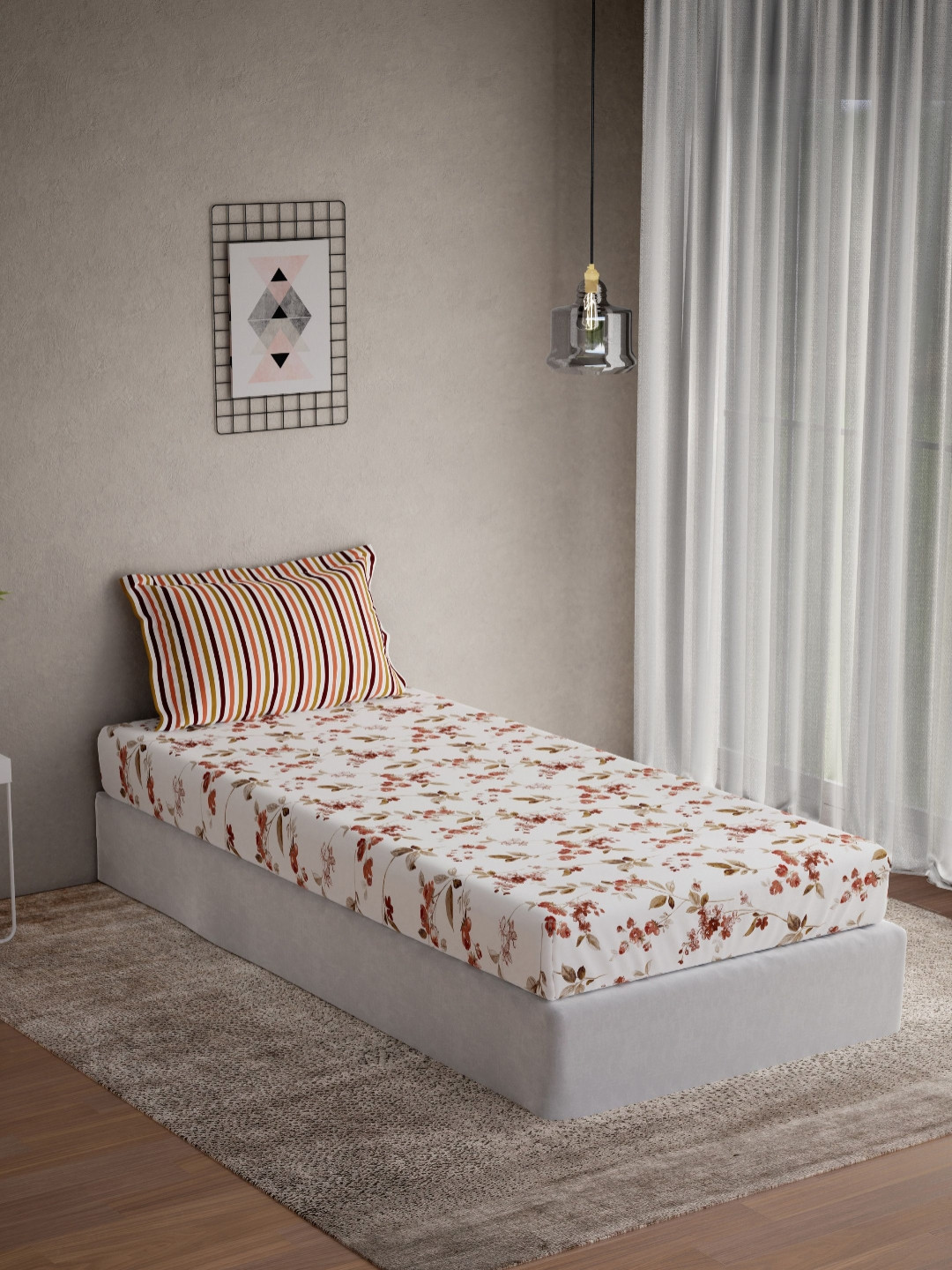 DDecor Live Beautiful White Floral Cotton 144 TC Single Bedsheet with a Pillow Cover-60 x 88 inches