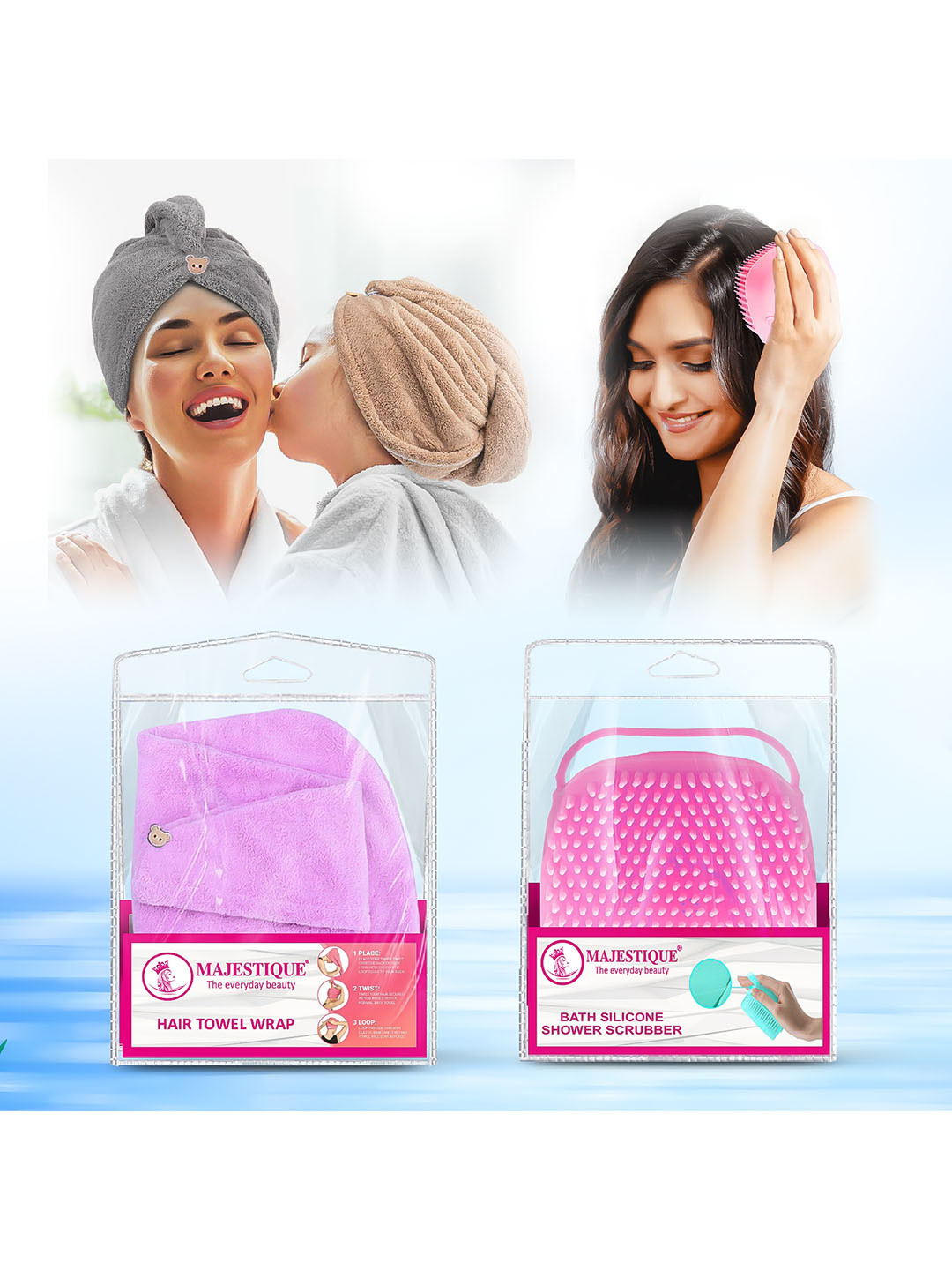 MAJESTIQUE Set of Super Soft Microfiber Towel Wrap & Gentle Silicone Brush