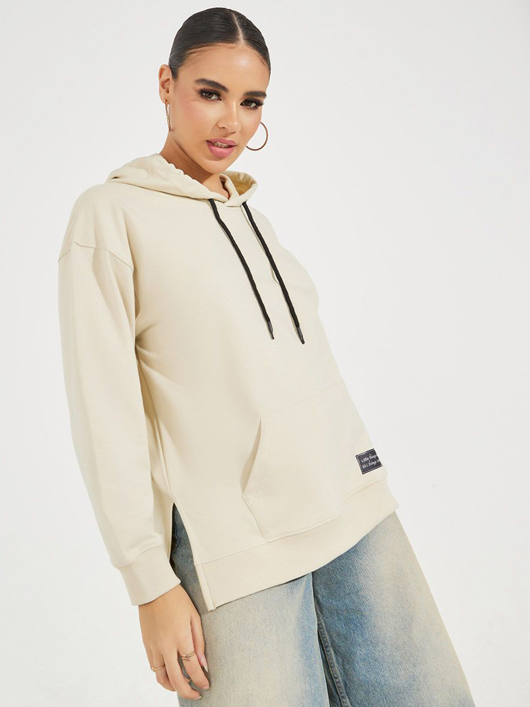 Styli Women Solid Long Line With Side Slit Oversized Hoodie