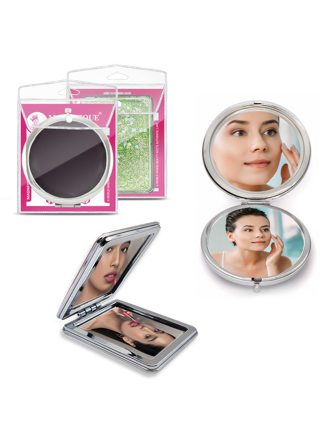 MAJESTIQUE Set Of 2 Black & Green Round & Square Pocket Mirrors