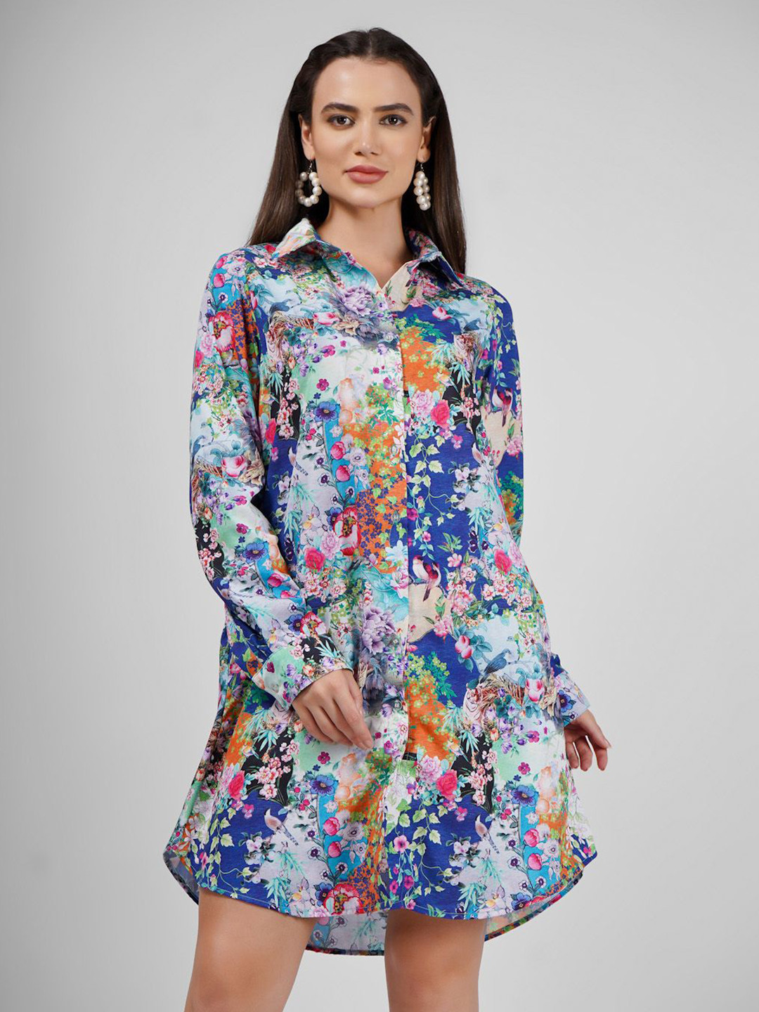 Sukshat Blue & Multi-Coloured Floral Printed Shirt Dress with Collar & Long Sleeves