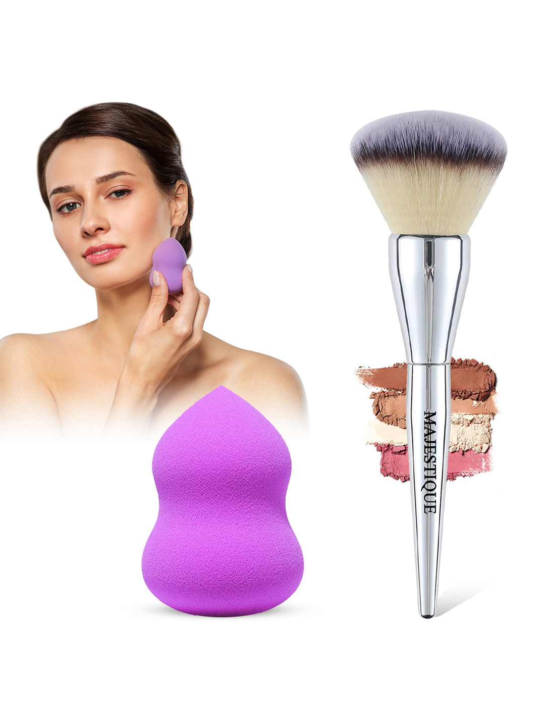 MAJESTIQUE Set of Makeup Foundation Brush & Blender Sponge - Blue