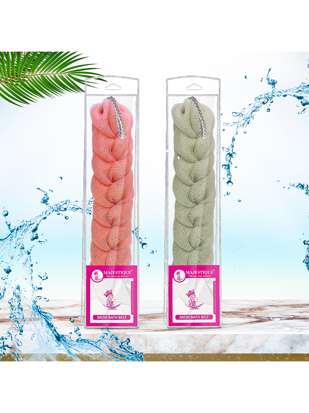 MAJESTIQUE Set of 2 Stretchable Mesh Long Bath Belt Loofah - Blue & Pink