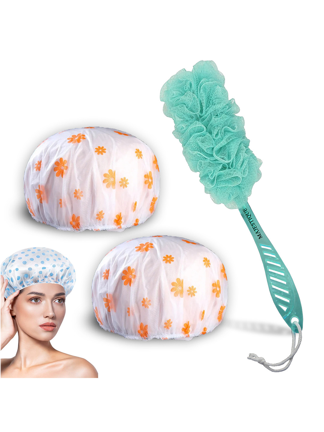 MAJESTIQUE Multicoloured Set of 3 Shower Cap & Handle Bath Loofah