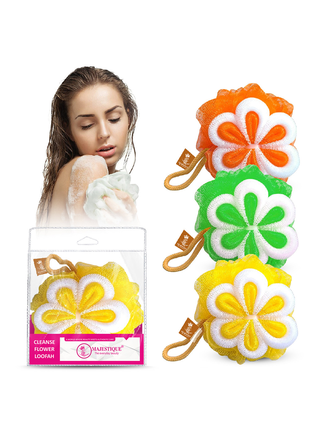 MAJESTIQUE Set of 3 Flower Bath Loofah Shower Puff Sponge - Red & White