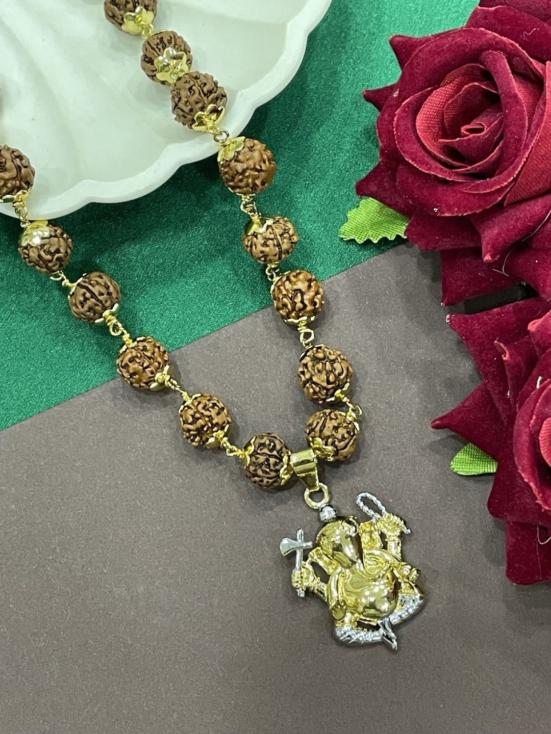 Digital Dress Room Men Brass Gold-Plated Lord Ganesha Rudraksha Necklace