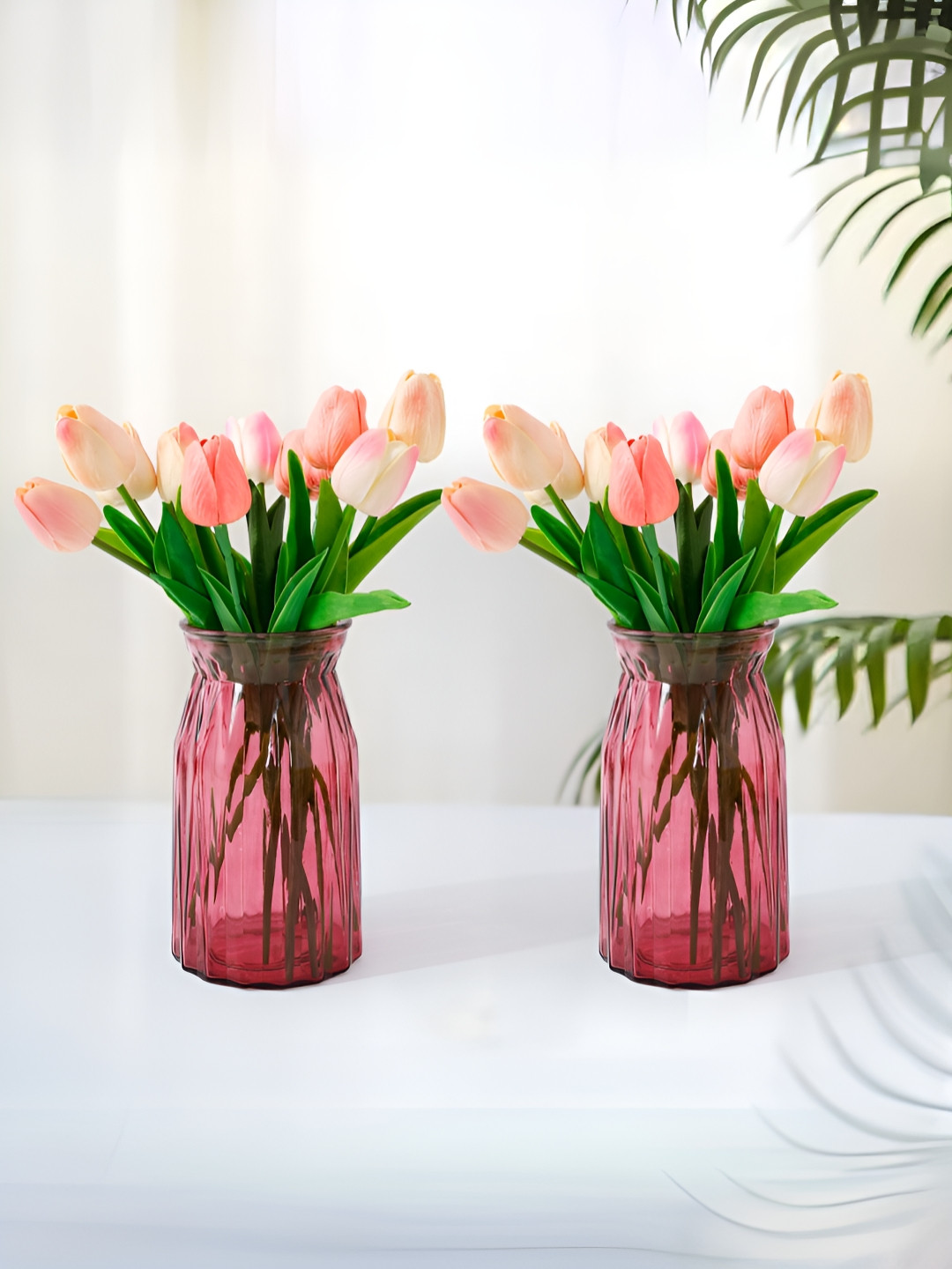 UMAI Red & Transparent 2 Pieces Textured Glass Vases