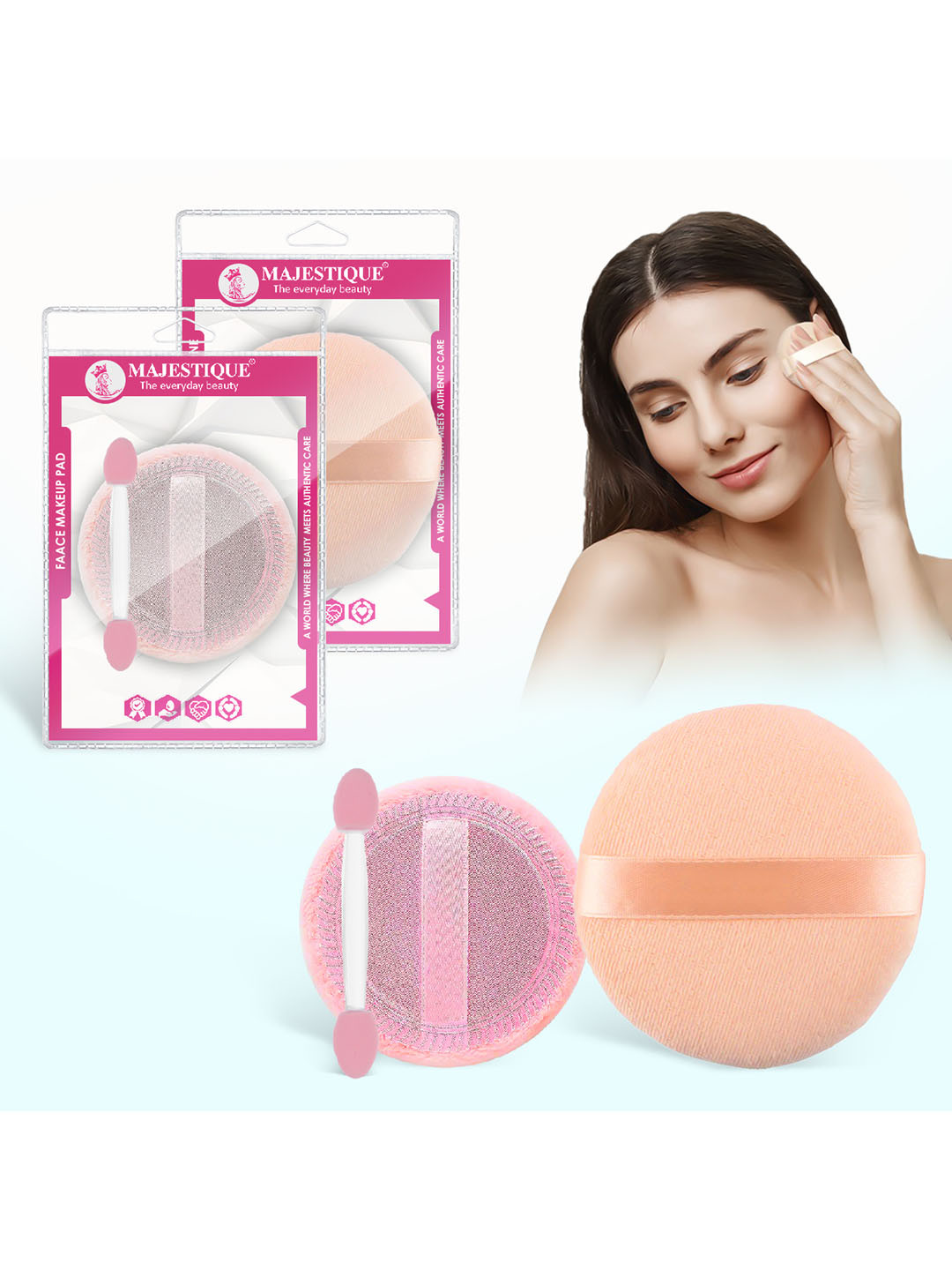 MAJESTIQUE Set Of 3 Flat Powder Puffs With Grip & Makeup Sponge With Stick