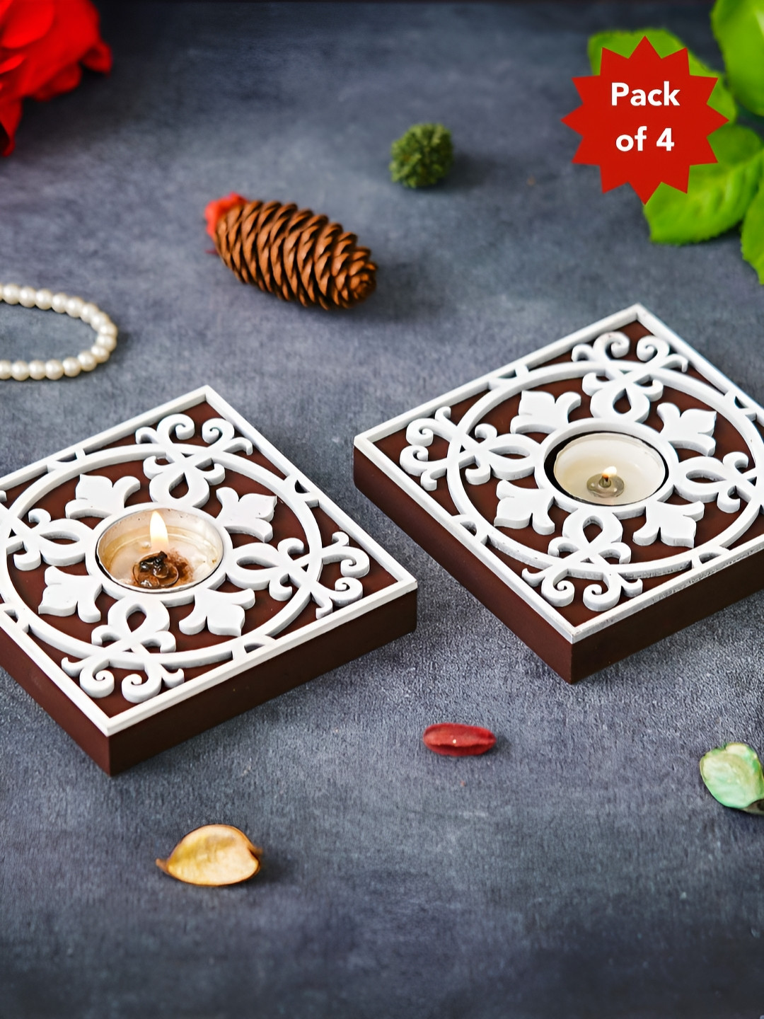 eCraftIndia Brown & White 4 Pieces Textured Decorative Tea Light Candle Holders