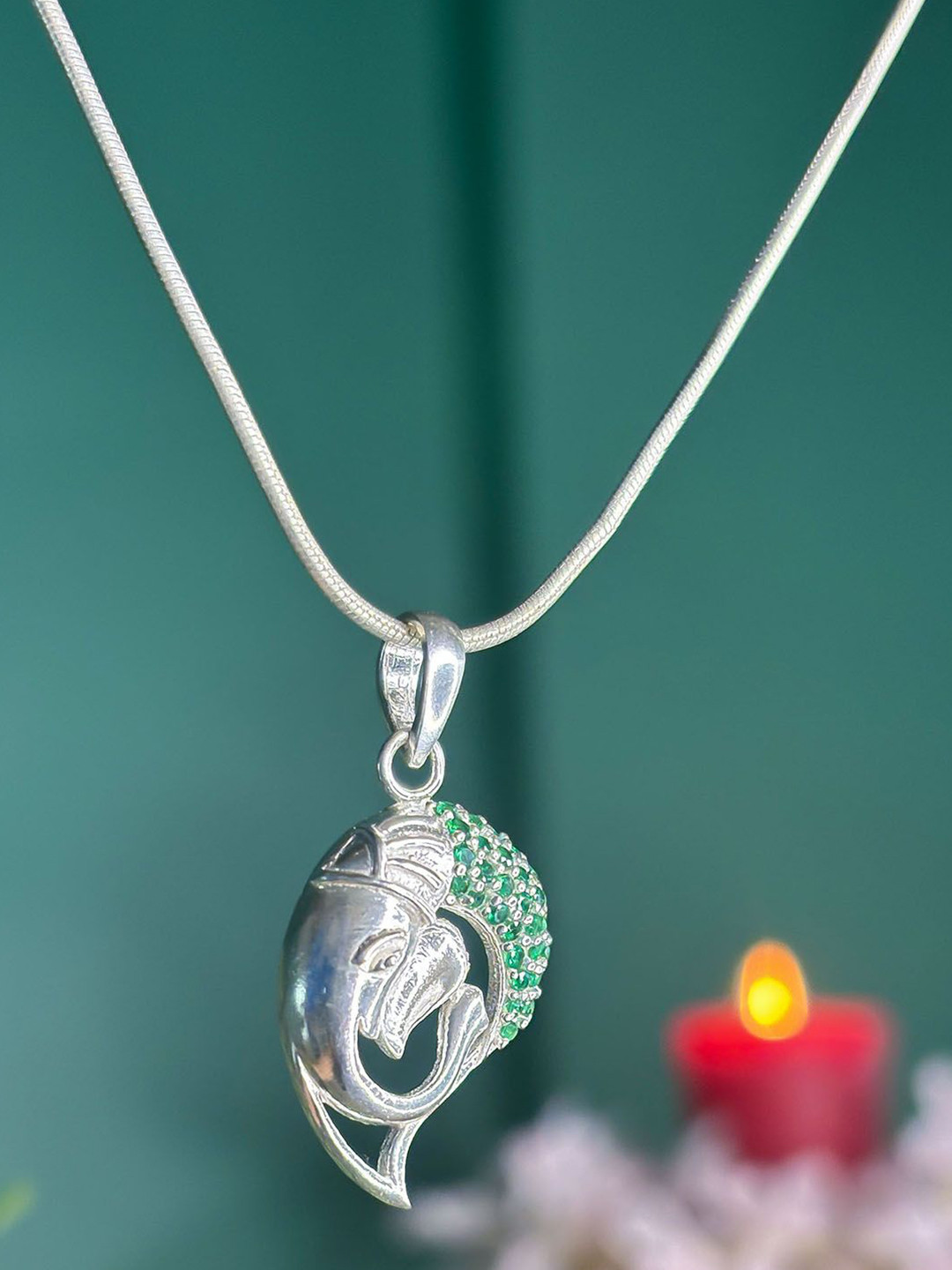 Unniyarcha 92.5 Silver Stones Studded Silver Gajanana Pendant With Chain