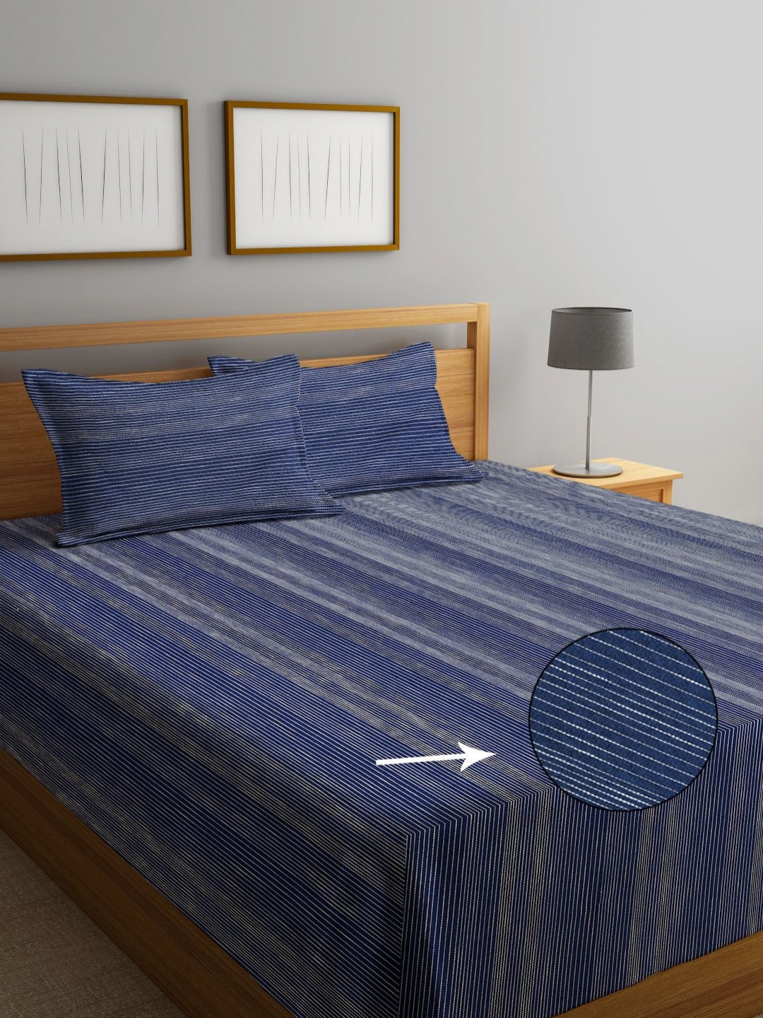 KLOTTHE Blue Striped Design Pure Cotton King Size Bedcover With 2 Pillow Covers