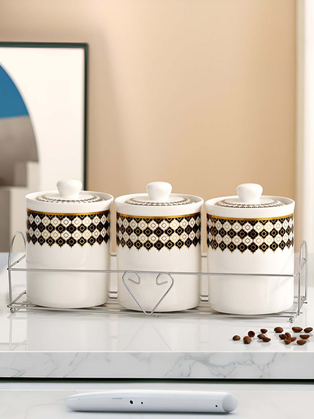 Umai White Argyle Ceramic Stain Resistant 3 Piece Clip-On Canister-700ml