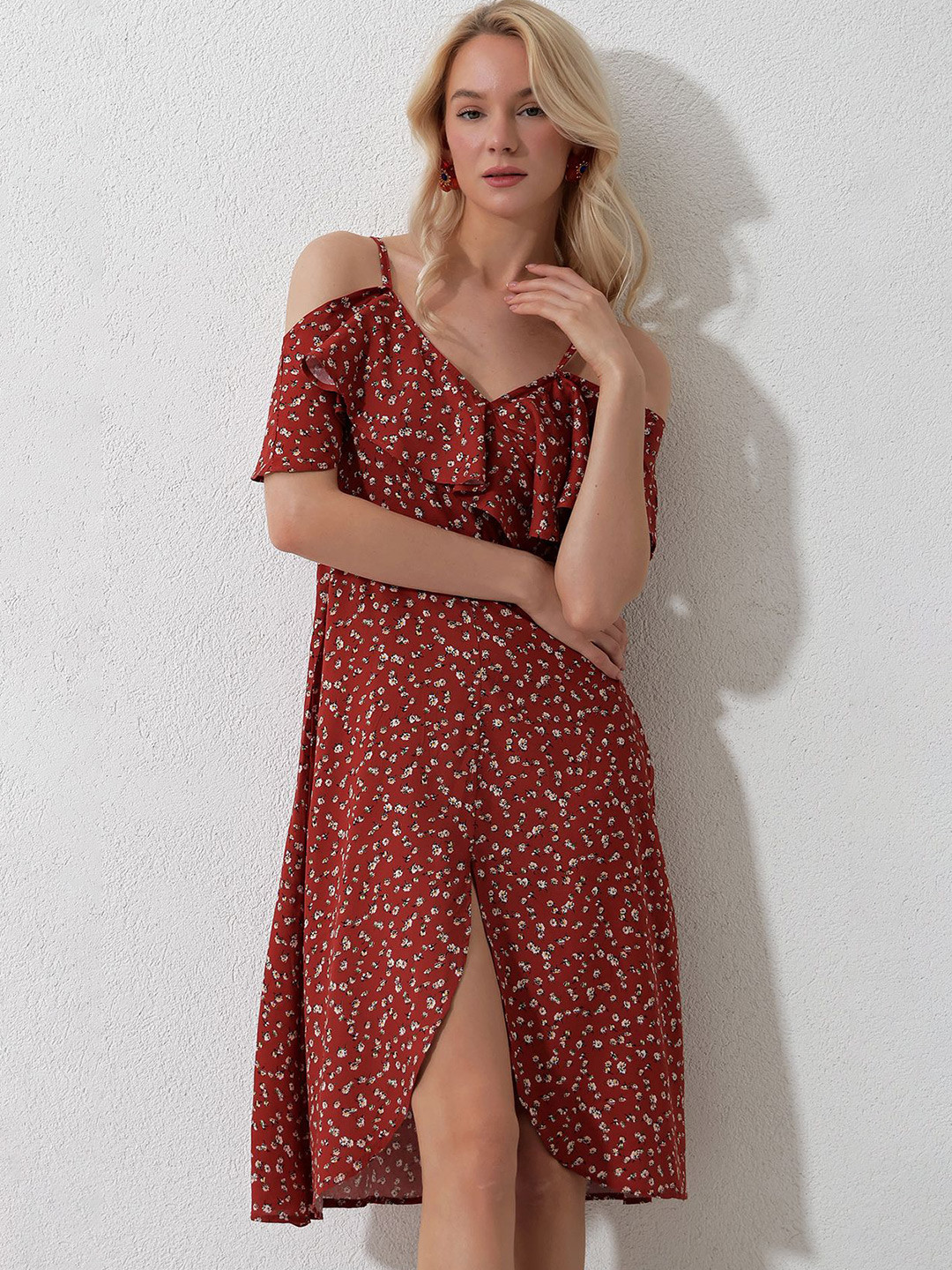 Trend Alacati stili Shoulder Straps Floral Printed Knee Length Dress